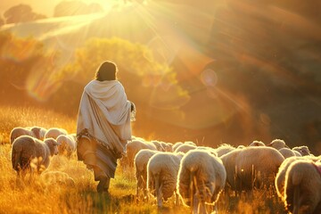 Shepherd Jesus Christ leading the sheep and praying to God and in the field bright sunlight