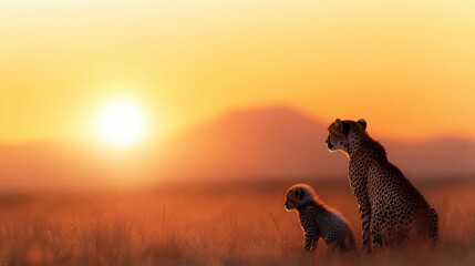 A majestic moment as a cheetah and her cub sit side by side, observing the sun setting over the vast African savanna. Their silhouettes blend with the horizon.