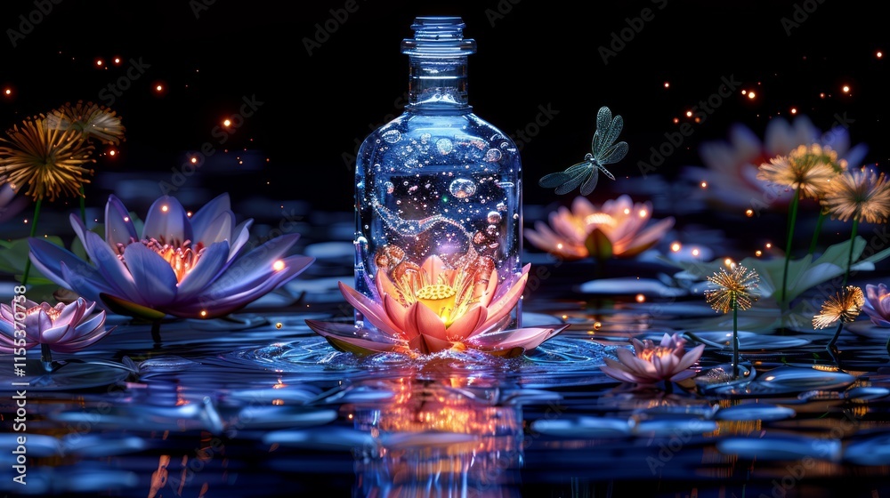 Wall mural Glowing water lily in a glass bottle surrounded by other water lilies, fireflies and dragonflies at night.