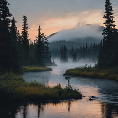 Fototapeta premium A misty river flows through a forest at sunrise, with tall trees and mist floating in the air.
