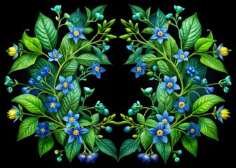 Symmetrical Nightshade Double Exposure Floral Design, Botanical Art, Folk Style, Black Background, Blue Flowers, Green Leaves