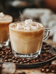 Steaming Cup of Cappuccino with Coffee Beans and Creamy Marshmallows : Generative AI