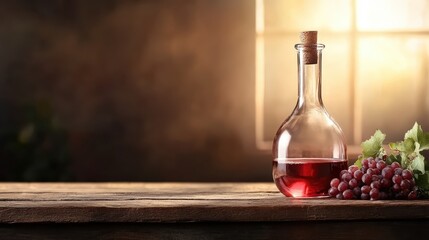 A rustic scene of a red wine decanter beside a bunch of fresh grapes on a wooden table by a window, capturing simplicity and classic winemaking charm.