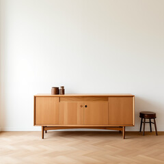 MidCentury Modern Wooden Cabinet Herringbone Floor Minimalist Interior