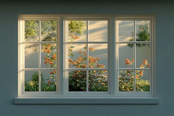 White window panes frame blooming flowers outside