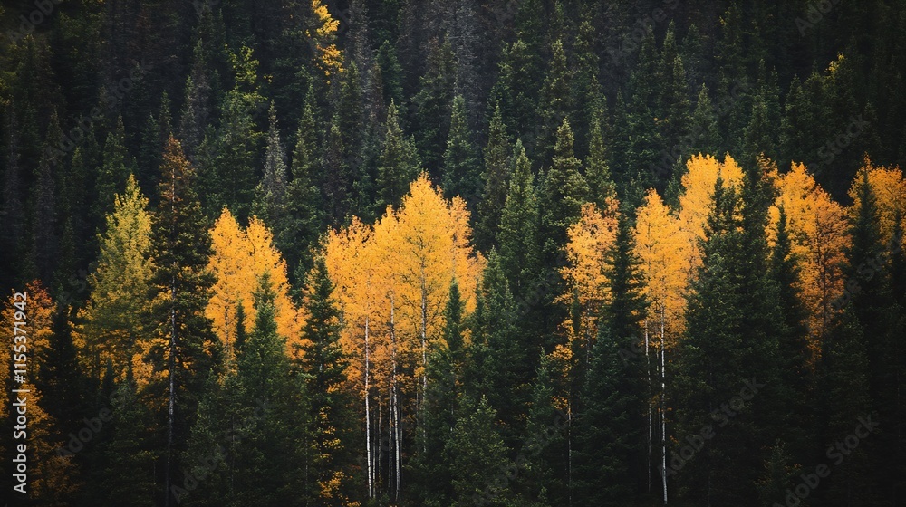 Poster vibrant autumn forest landscape with golden aspen trees and evergreen pines : generative ai