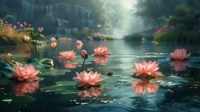 Serene pond with blooming lilies and calm water