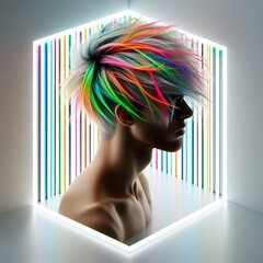 30 A person with neon colored streaks in their hair set against