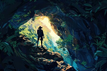 Obraz premium Adventurer exploring a cave