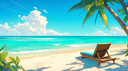 Obraz premium A serene beach scene with a lounge chair, palm trees, and vibrant ocean waves.