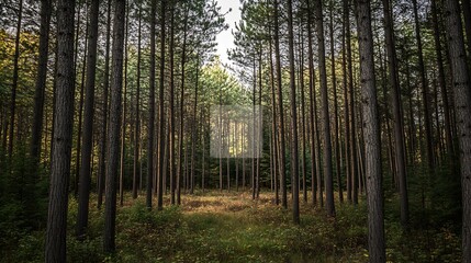 Obraz premium Serene Pine Forest Landscape with Symmetrical Tree Alignment and Natural Beauty : Generative AI