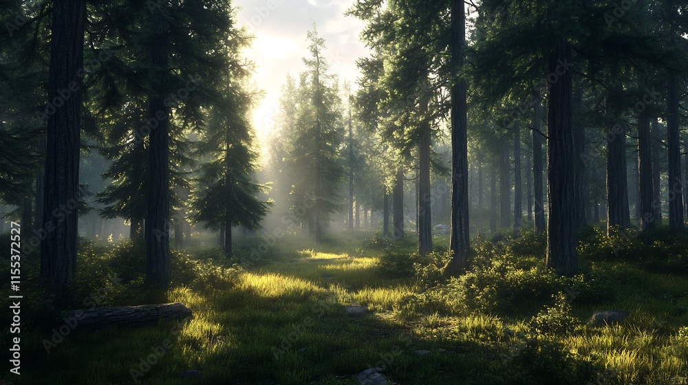 Poster sunlight streaming through majestic forest with tall pine trees and lush greenery : generative ai