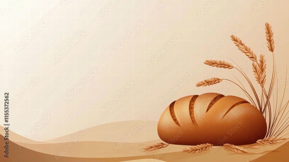 Fototapete minimalist bread loaf with wheat grains on background designed for text placement. generative ai