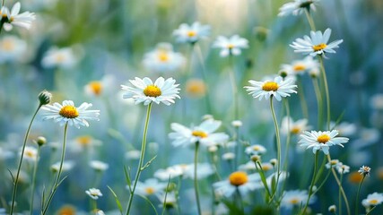 Bright white daisies bloom in a sunny meadow during spring, creating a peaceful and serene landscape for nature lovers
