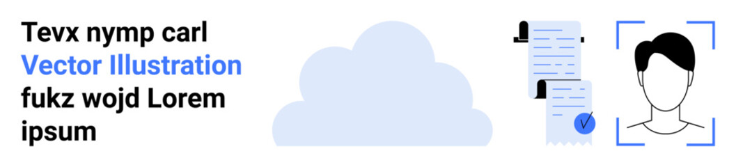 Cloud with documents and user head icon with security badge. Ideal for digital security, cloud storage, online document verification, user authentication, IT solutions, cybersecurity, data