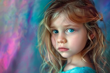 Fototapeta premium Close up portrait of young girl showcasing captivating blue eyes and delicate features, set against a vibrant and colorful backdrop
