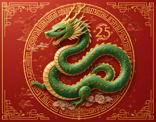 Fototapeta premium Celebrating 25 Years: A Majestic Green Dragon in Traditional Chinese Art