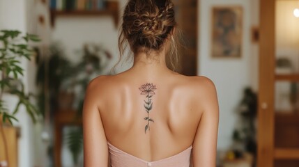 A serene depiction of a lotus flower tattoo on a woman's back, featuring intricate petals and a graceful stem, blending beauty with personal expression.
