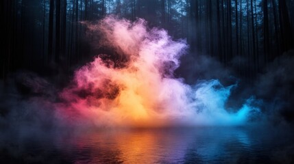 A vibrant cloud of colorful mist floats above a serene forest lake, reflecting shades of orange, pink, and blue, creating an ethereal atmosphere in the woods.