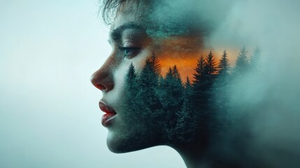 A portrait melding a person's profile with a dense forest silhouette, enhanced by a captivating sunset, forming a unique artistic double exposure effect.