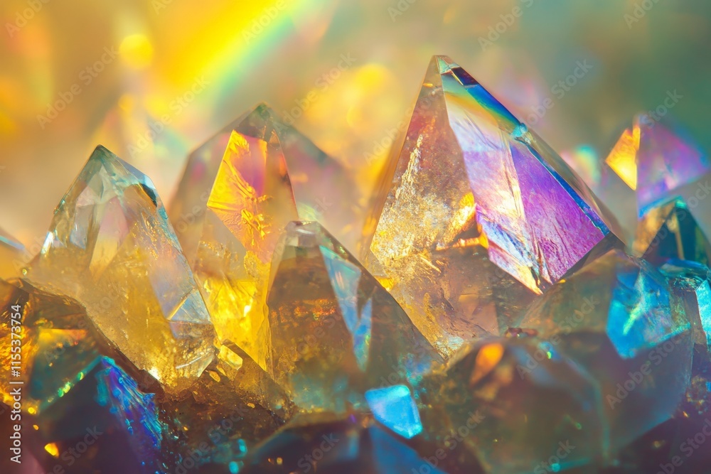 Poster a brilliant display of colorful and transparent crystal gemstones, showcasing a spectrum of rainbow 