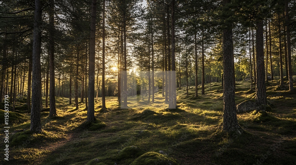 Poster serene forest landscape with sunlight filtering through tall trees : generative ai
