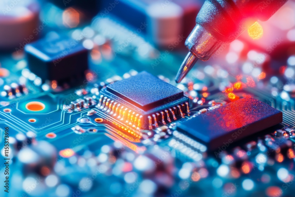 Aufkleber This image captures a focused view of a microchip being meticulously worked on by a soldering tool, showcasing precision in electronic repair or manufacturing.