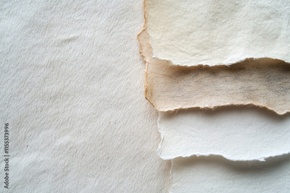 Poster Varied textures of layered paper with torn edges, showing off a range of colors from off-white to beige, focusing on the depth and intricate textures of the materials.