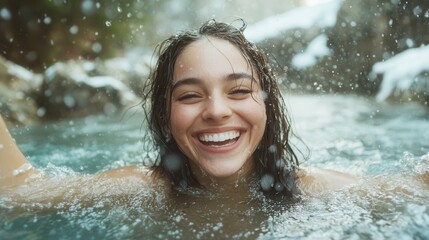 Fototapeta premium Captured laughing, a woman enjoys a joyful swim amid river sprinkles, framed by a scenic natural background that enhances her playful moment in nature.