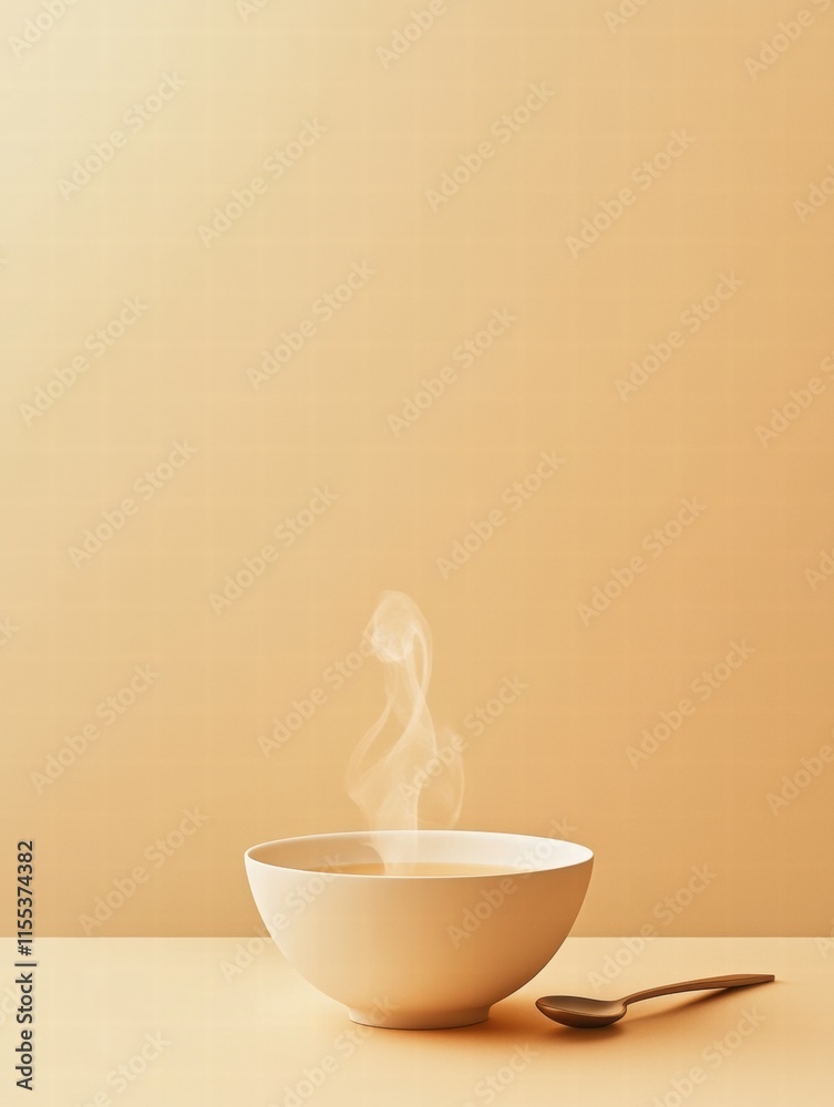 Poster Warm soup bowl with steam and spoon on a minimalist table for a cozy dining experience. Generative AI