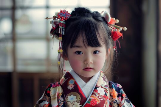 Young girl wearing a colorful kimono with floral patterns and traditional hair ornaments, celebrating shichi go san