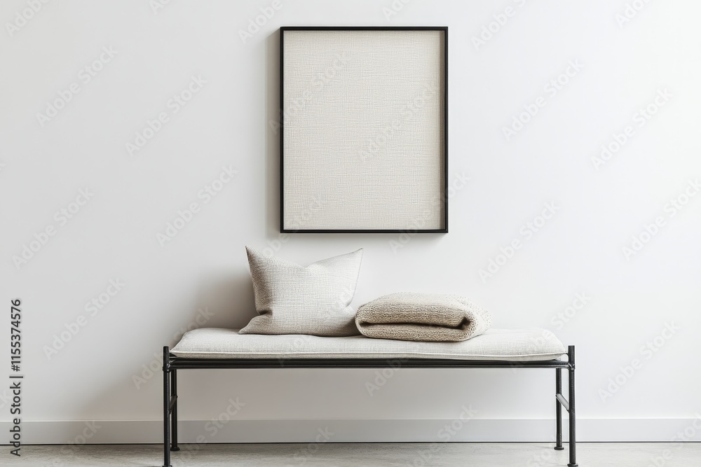 Aufkleber a streamlined modern bench with a cushioned seat and throw pillows, paired with a minimalist frame o