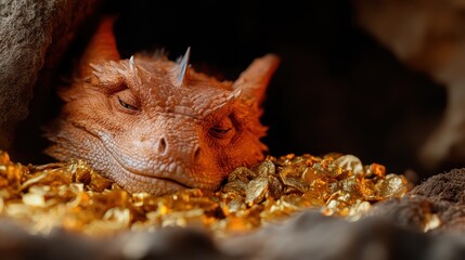 Obraz premium A dragon rests serenely atop a mound of glittering gold, its eyes closed in rest, surrounded by warm glowing light, conveying peace and affluence.