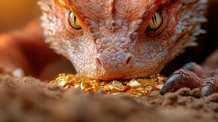 A vigilant dragon watches over a pile of golden coins, its fierce eyes focused and intense, as orange sparks and soil create a dramatic, fiery atmosphere.