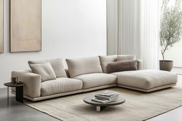 Fototapeta premium A modern living room with a beige sectional sofa, brightened by neutral decor, plants, and a round coffee table, offering a balanced and inviting home setting.