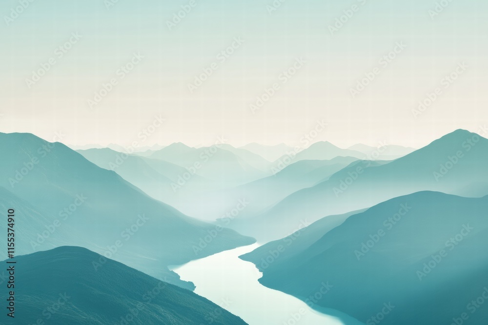 Fototapete Winding river flows through a serene mountain range in a minimalist landscape with ample space for text and copy. Generative AI