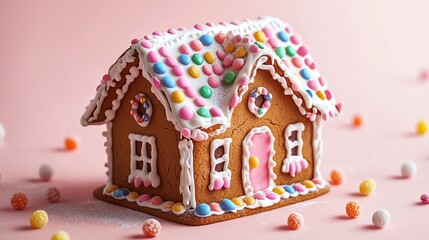 A colorful gingerbread house decorated with frosting and candies on a soft pink background, evoking a festive and whimsical holiday spirit.