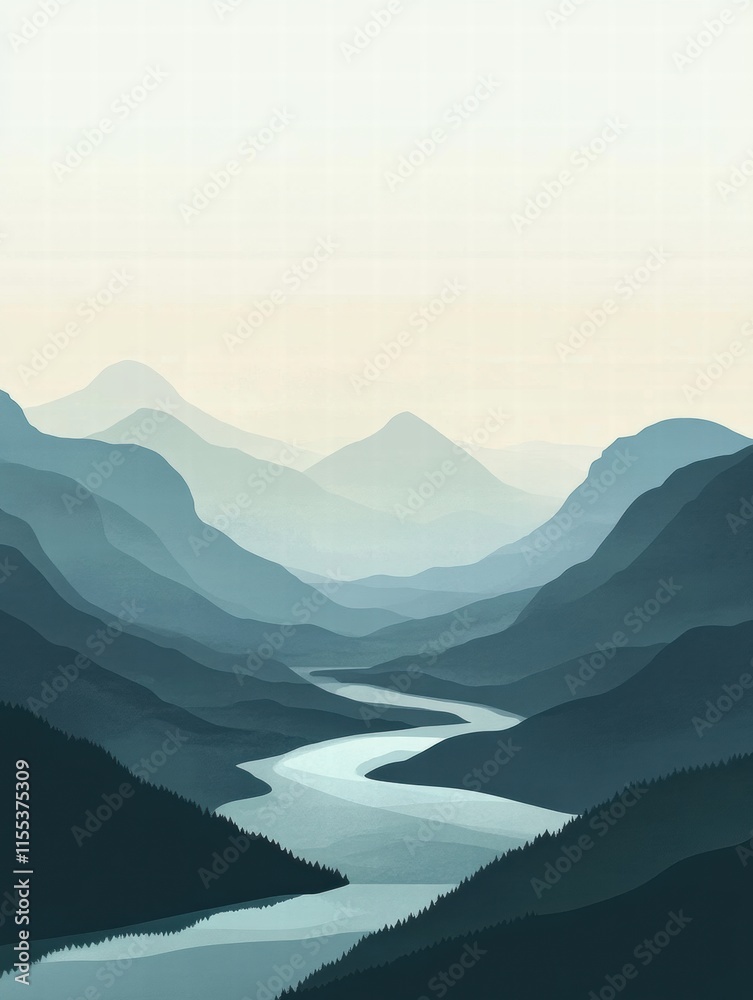 Leinwandbilder winding river flows through a serene mountain range under a gentle sky in a minimalist design with a
