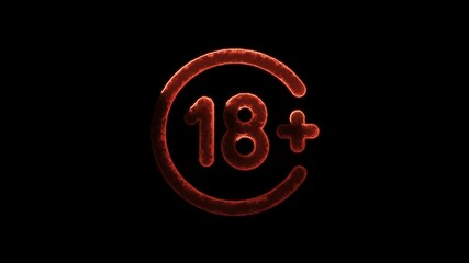 18 Plus movie icon . Adult content. Over 18 age oldering only censored animation video. Word 18+ in retro-futuristic style, written in neon dark red ,stands out against a dark space background
