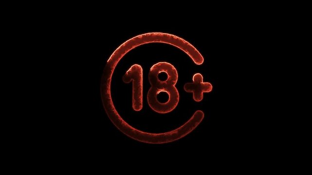 18 Plus movie icon . Adult content. Over 18 age oldering only censored animation video. Word 18+ in retro-futuristic style, written in neon dark red ,stands out against a dark space background