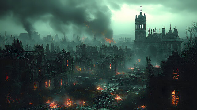 fire burining in a destroyed city