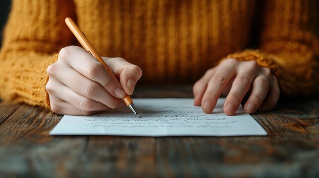 A person's hands are focused on writing with an orange pen on white paper, all the while clad in a warm mustard sweater, creating a cozy autumn atmosphere.