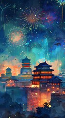 Fototapeta premium Watercolor traditional building fireworks illustration poster background
