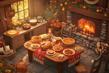 Cozy Christmas dining setup with food, turkey, pies, and cookies. 