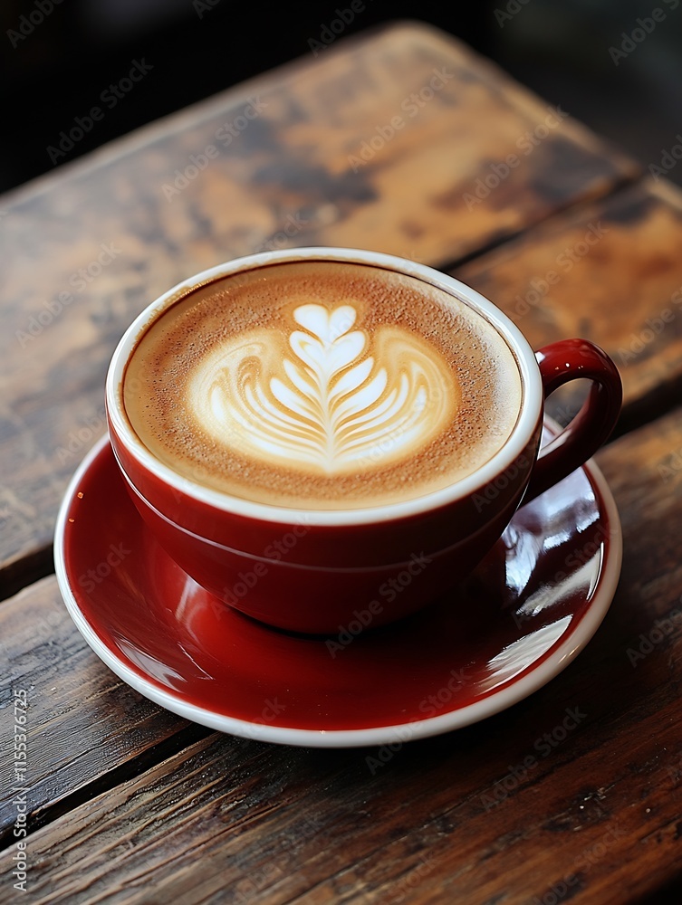 Poster hot cappuccino in red cup on rustic wooden table with latte art heart design : generative ai