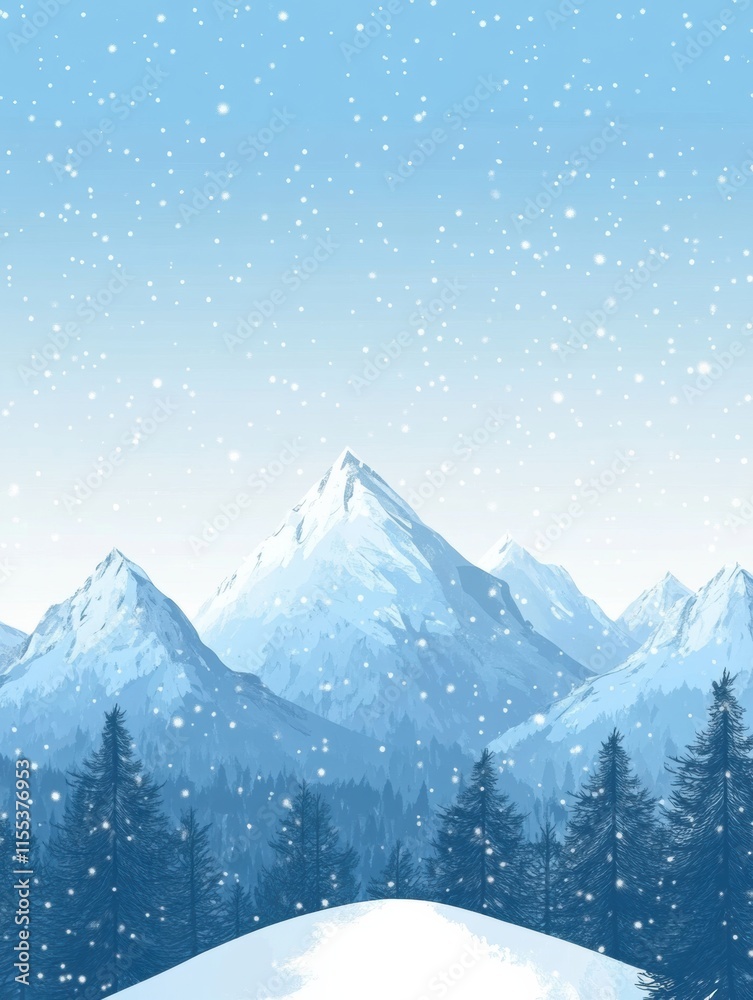 Poster snowy mountain landscape with pine trees in minimalist winter doodle style for a serene winter atmos