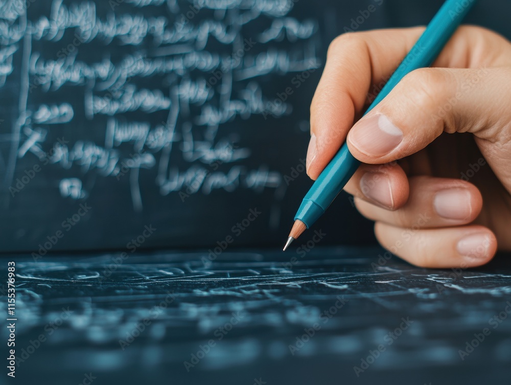 Poster close-up of hand sketching a funding roadmap on a tablet, with complex equations visible in the back