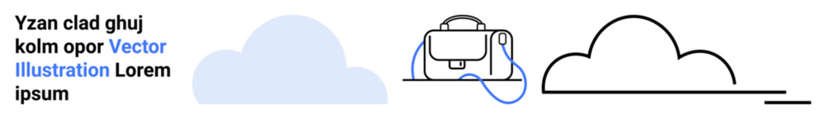 Blue cloud, stylish black and white backpack with charging cable, and black outline cloud. Ideal for travel, tech, education, adventure, remote work, minimalistic designs, and landing page