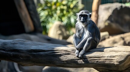 Obraz premium Sitting Monkey on Tree Trunk in a Sunlit Zoo Habitat Observing Surroundings : Generative AI