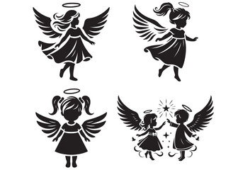 children angel little girl with wings of silhouette vector, silhouette angel girl with wings, children angel little girl logo design on a white background.